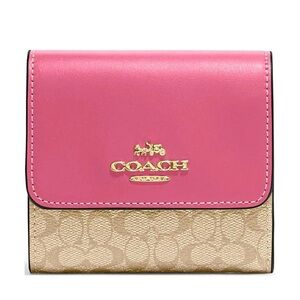 Coach Small Trifold Wallet Khaki Micro Signature Petunia Pink Leather